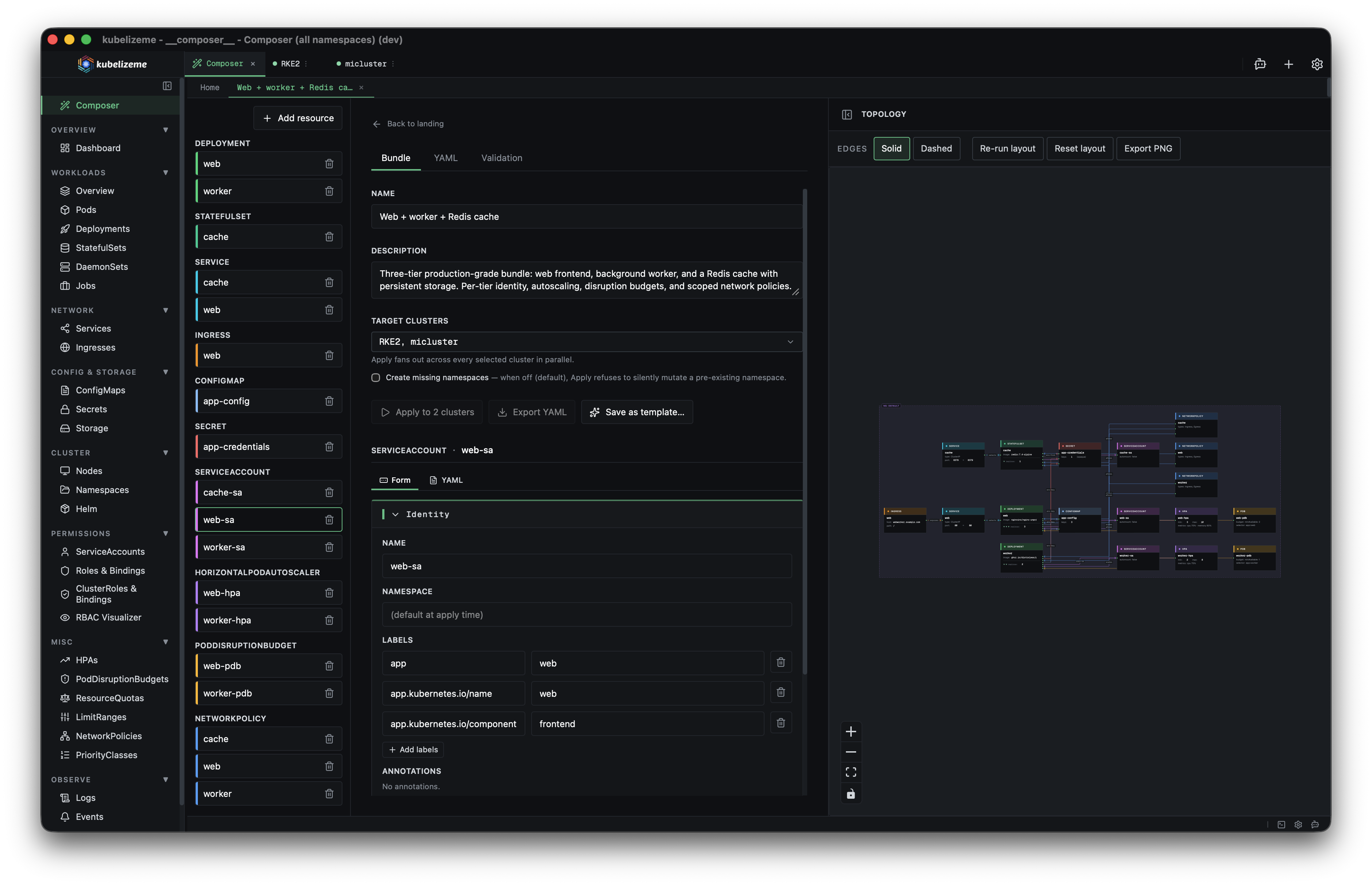 kubelizeme Composer bundle editor with live topology graph