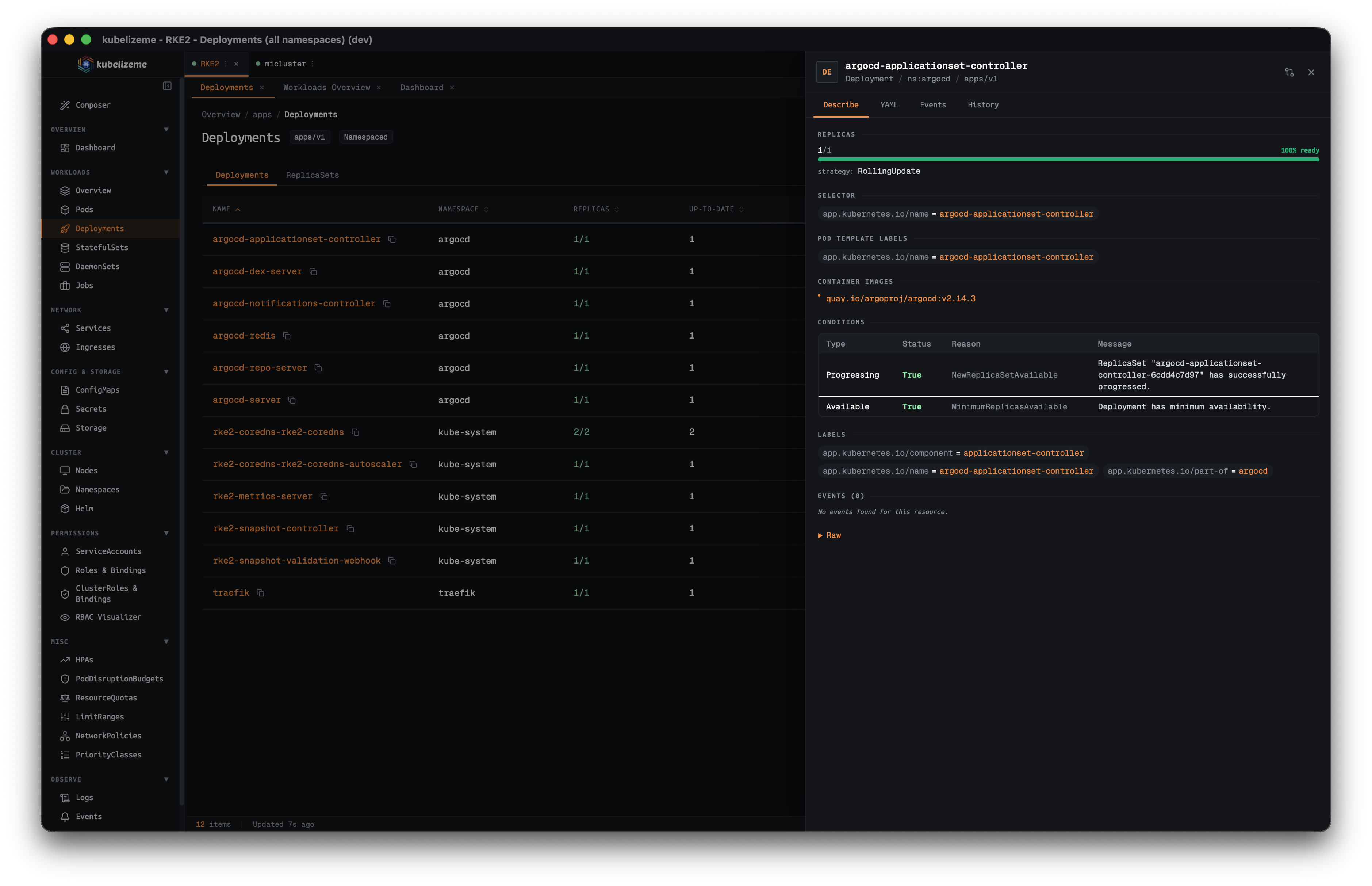 kubelizeme Deployments with describe panel