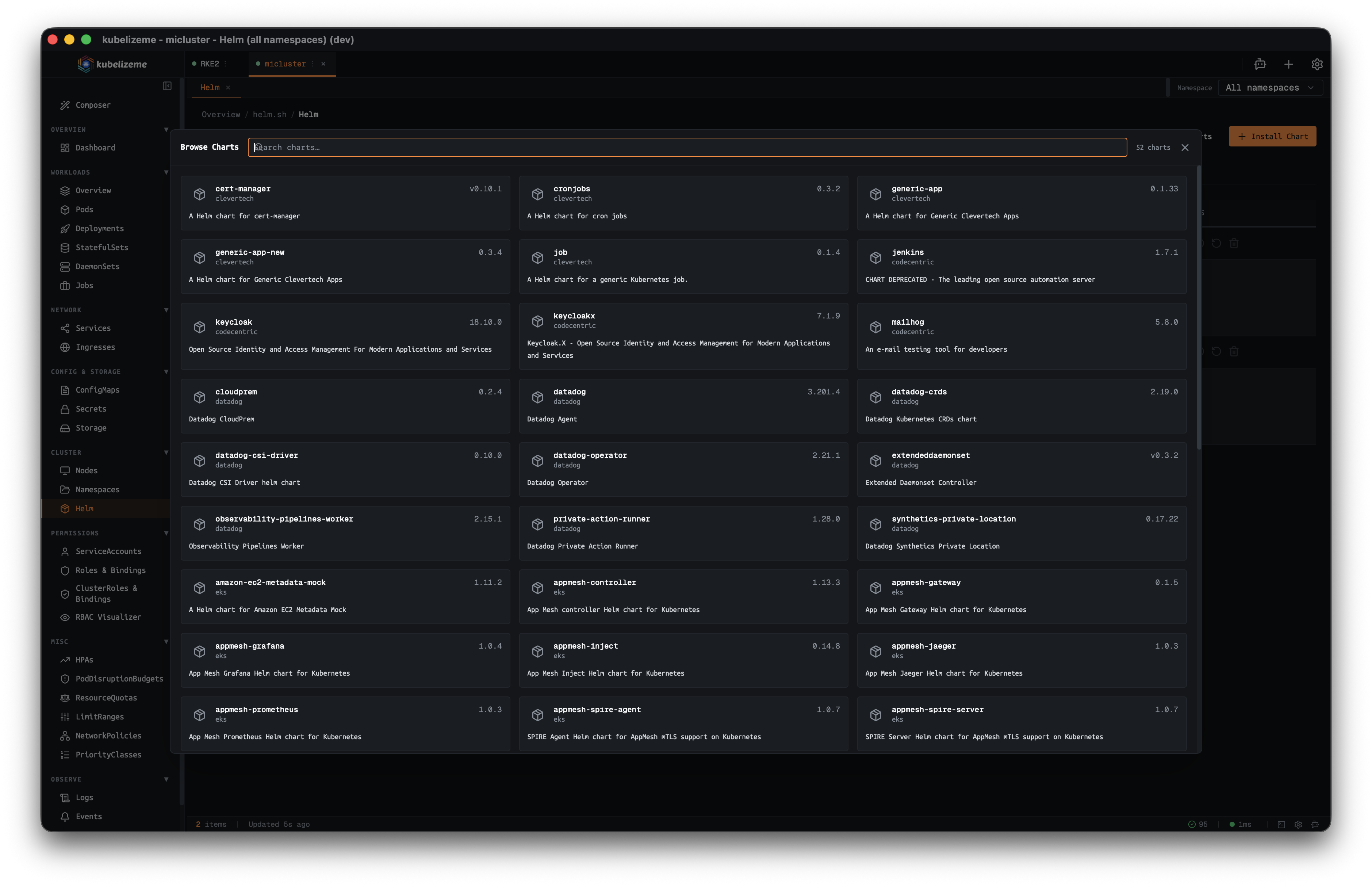 kubelizeme browse Helm charts dialog