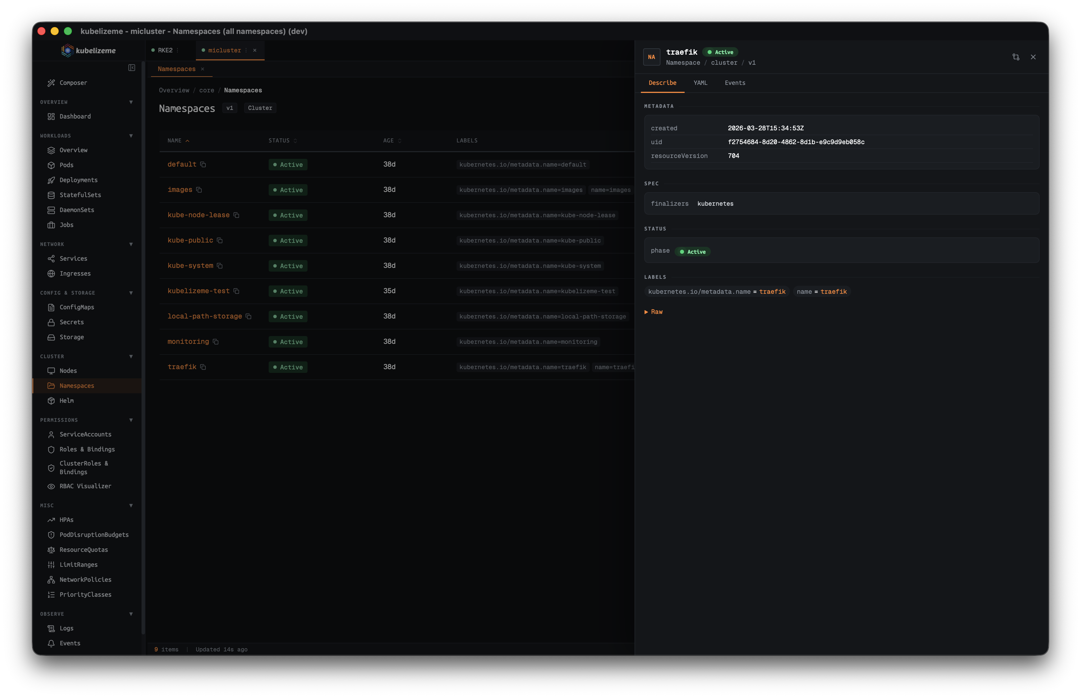 kubelizeme Namespaces with detail panel
