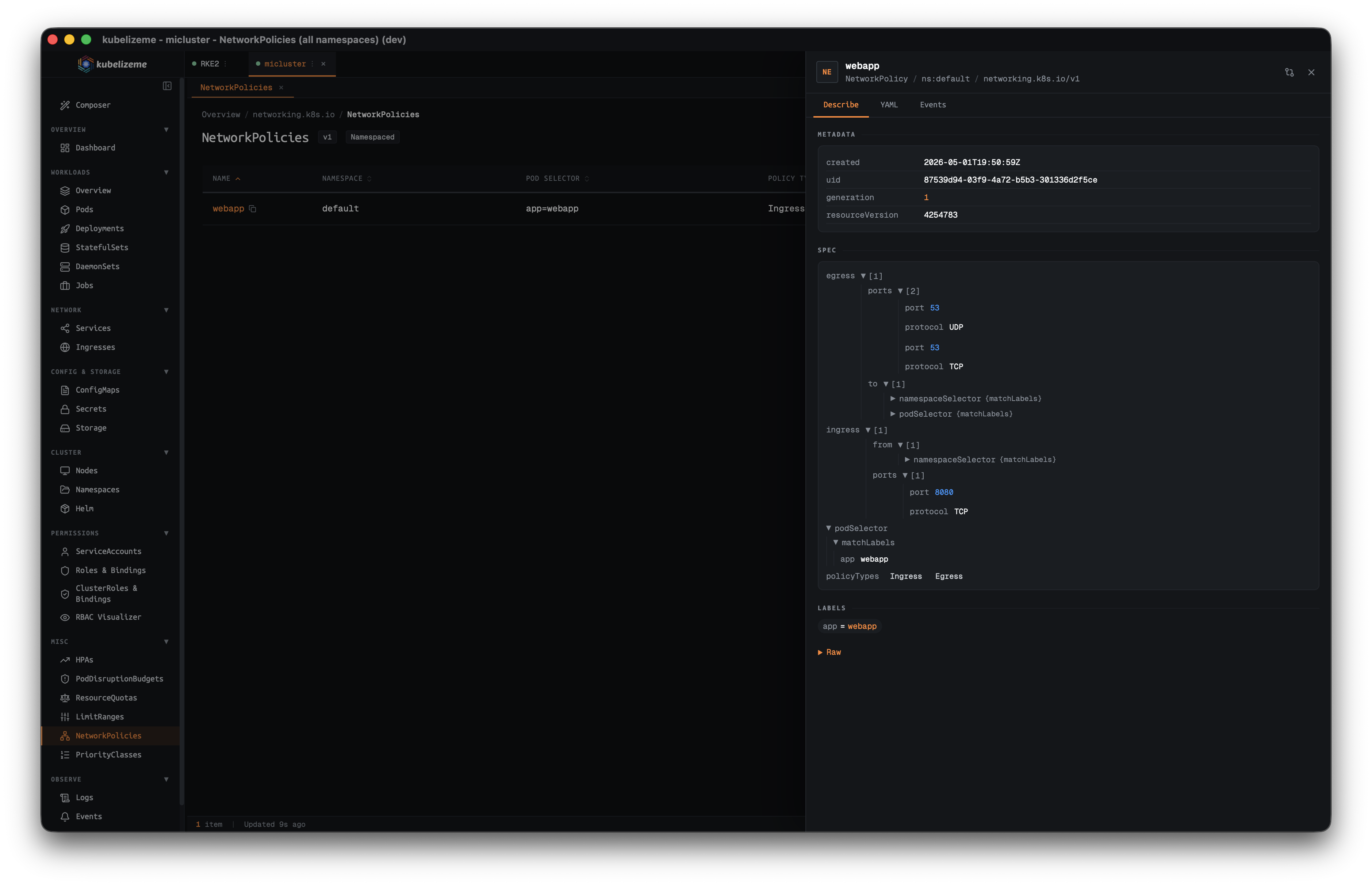 kubelizeme NetworkPolicy detail
