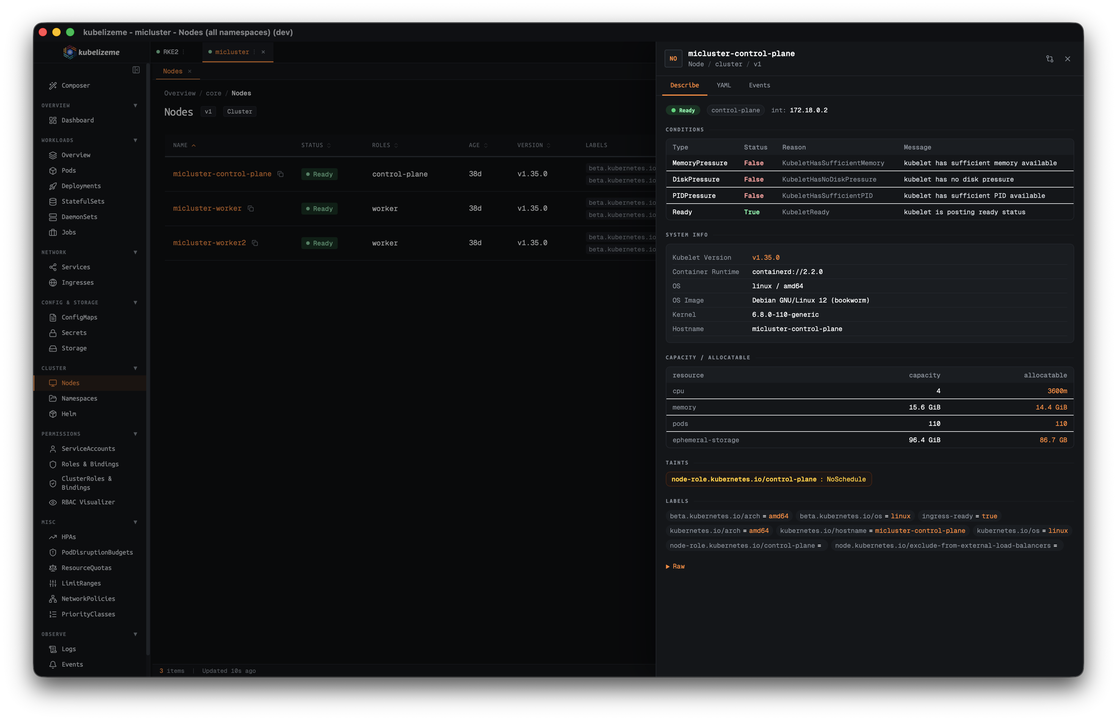 kubelizeme Nodes with describe panel