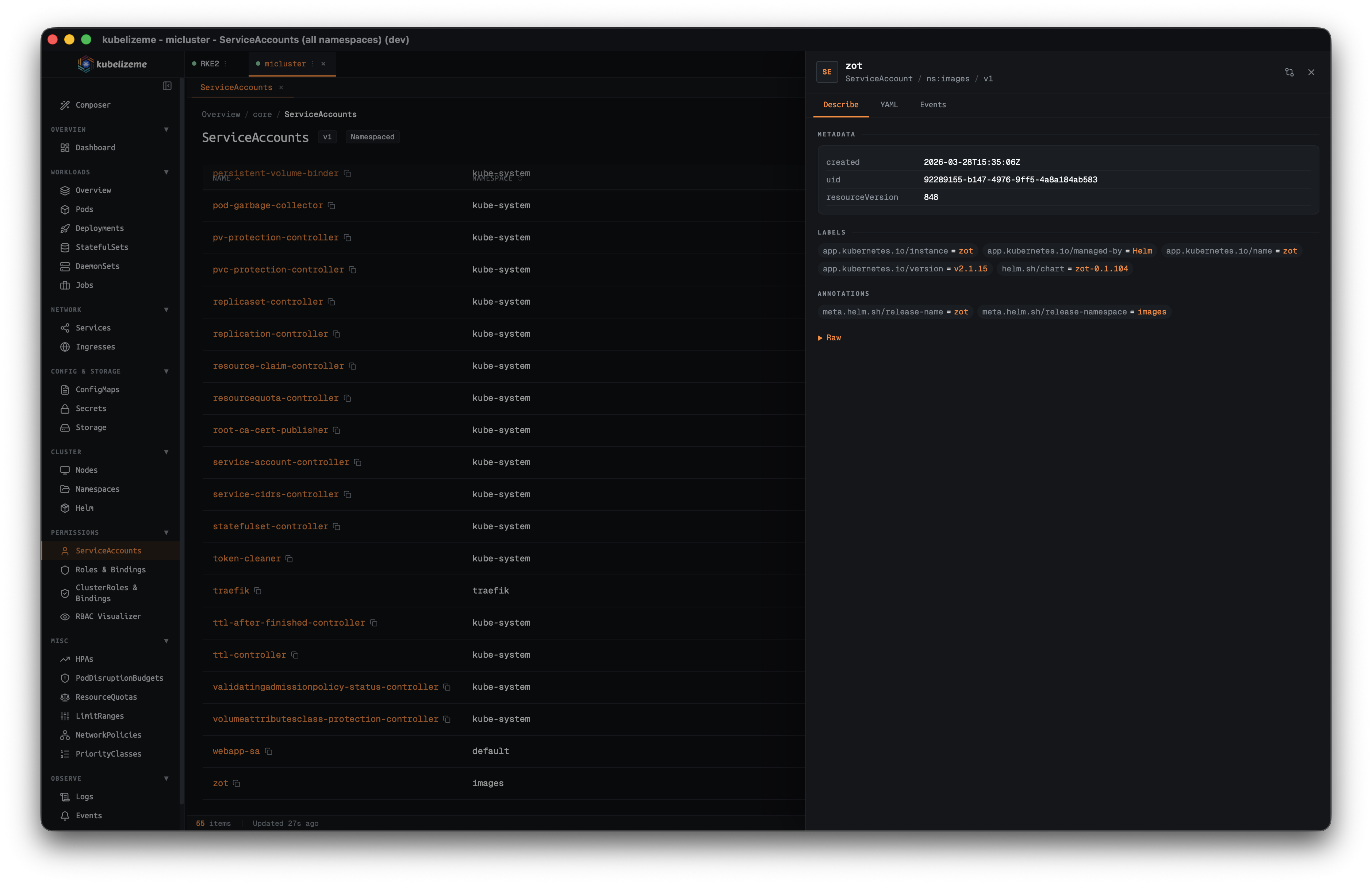 kubelizeme ServiceAccount detail panel