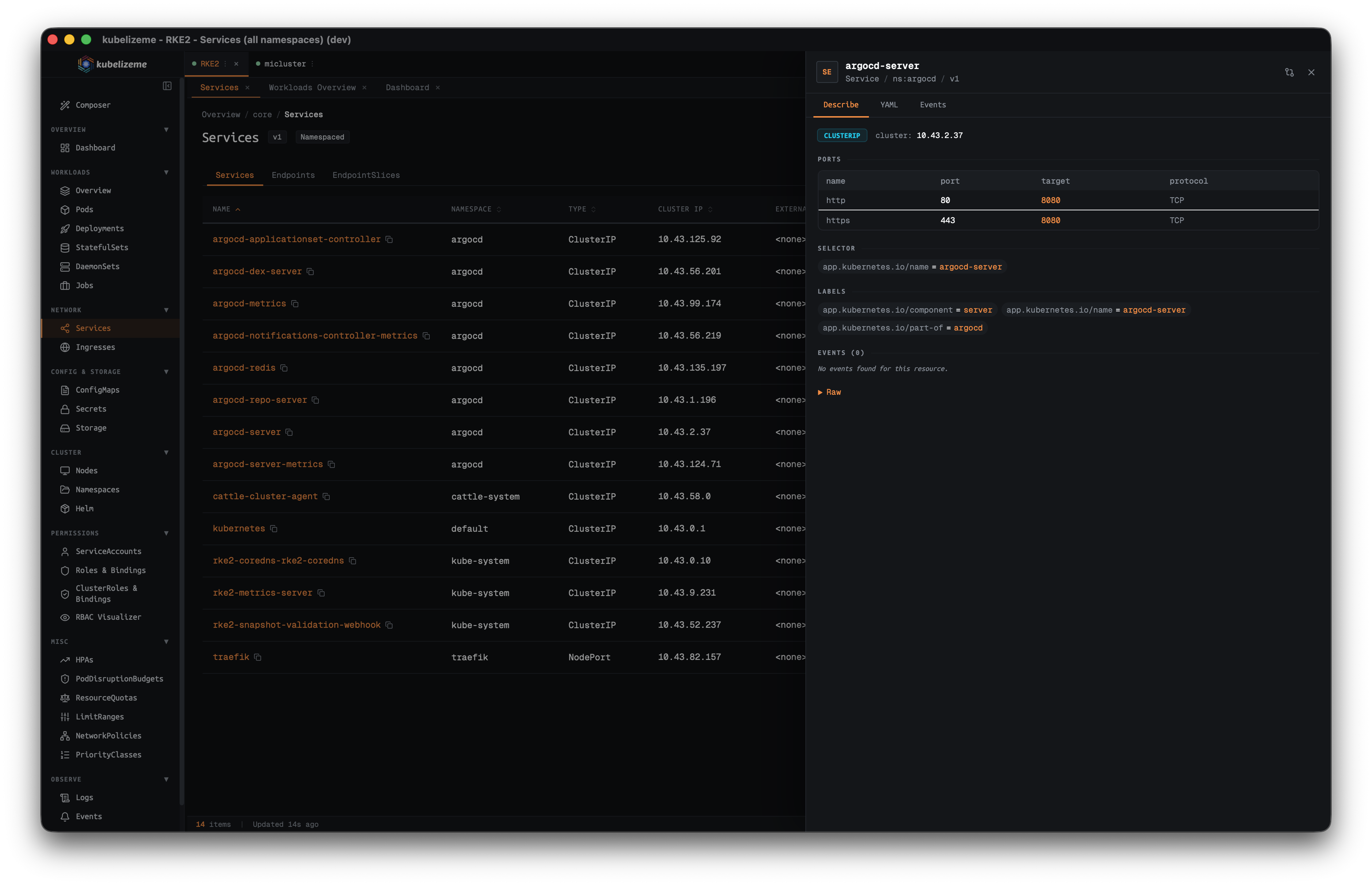 kubelizeme Services with describe panel
