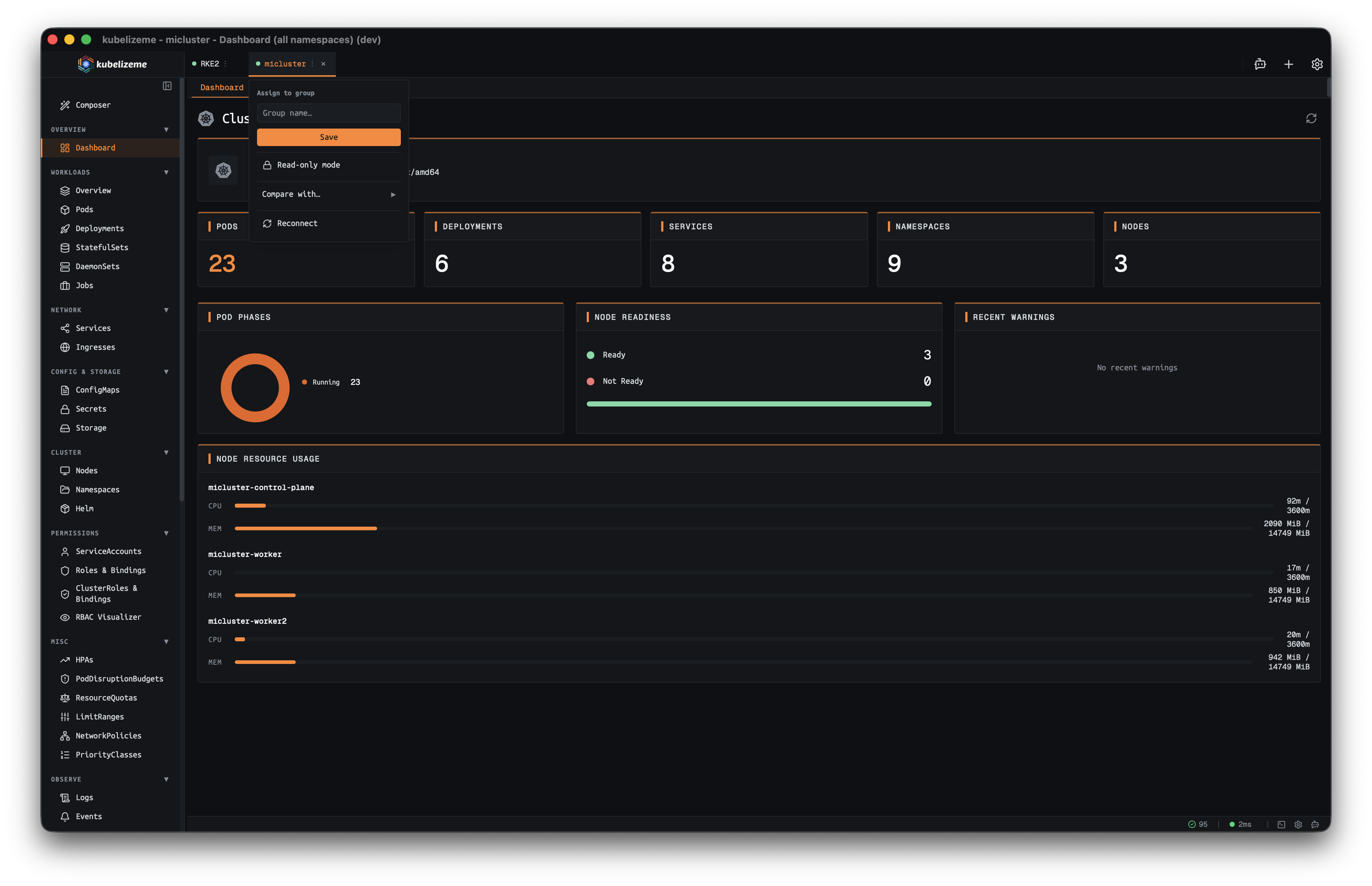 kubelizeme cluster tab context menu
